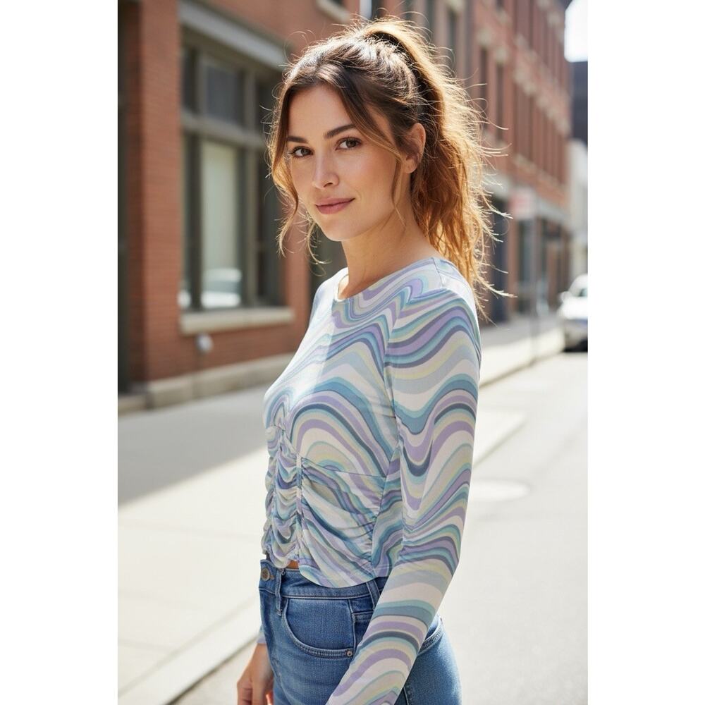 Madden NYC Women Top Size XXL Cropped Trippy Geometric Mesh Blue Purple